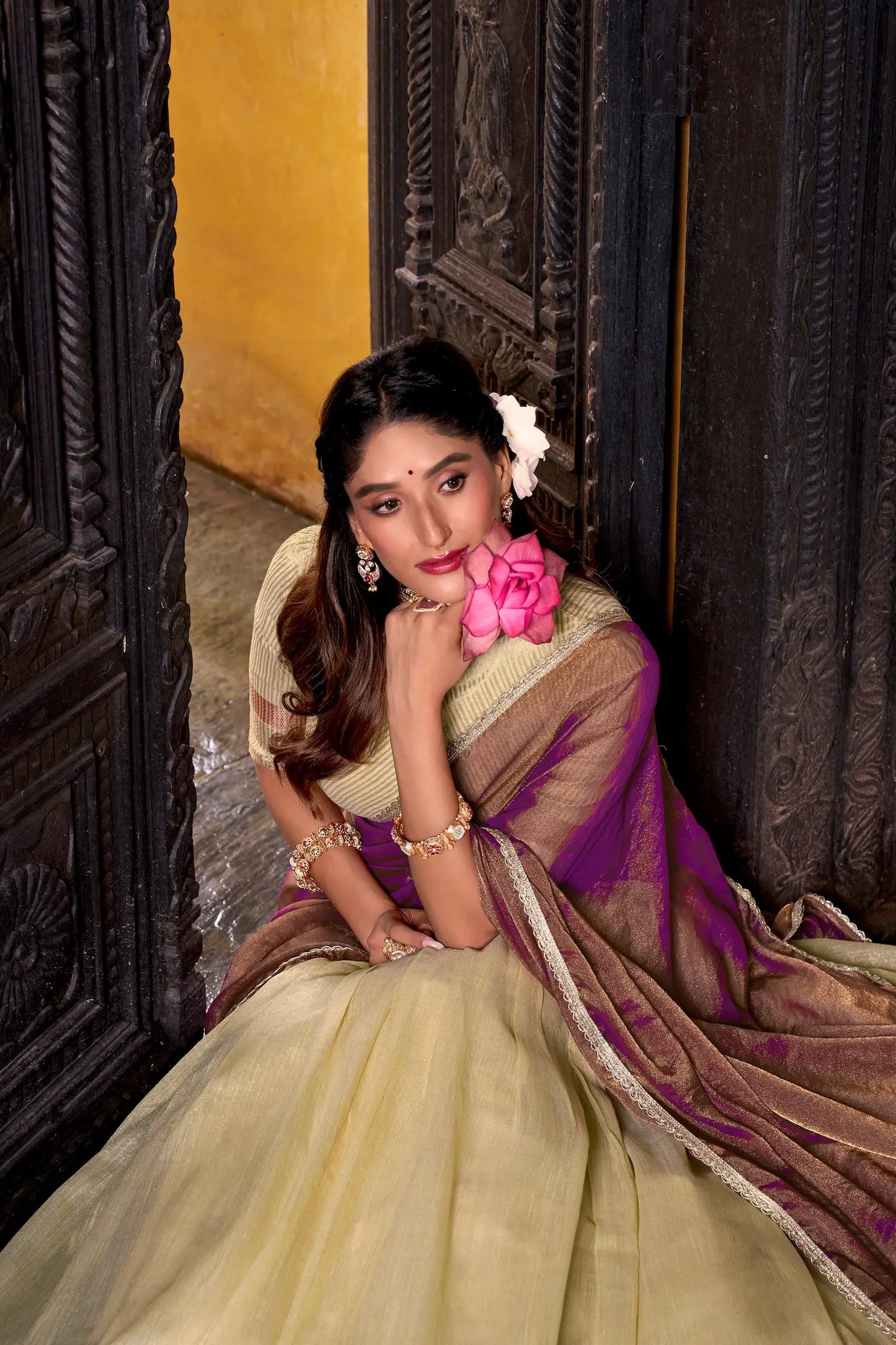 Tan Yellow Dhupian Silk Zari Weaving Lehenga Choli