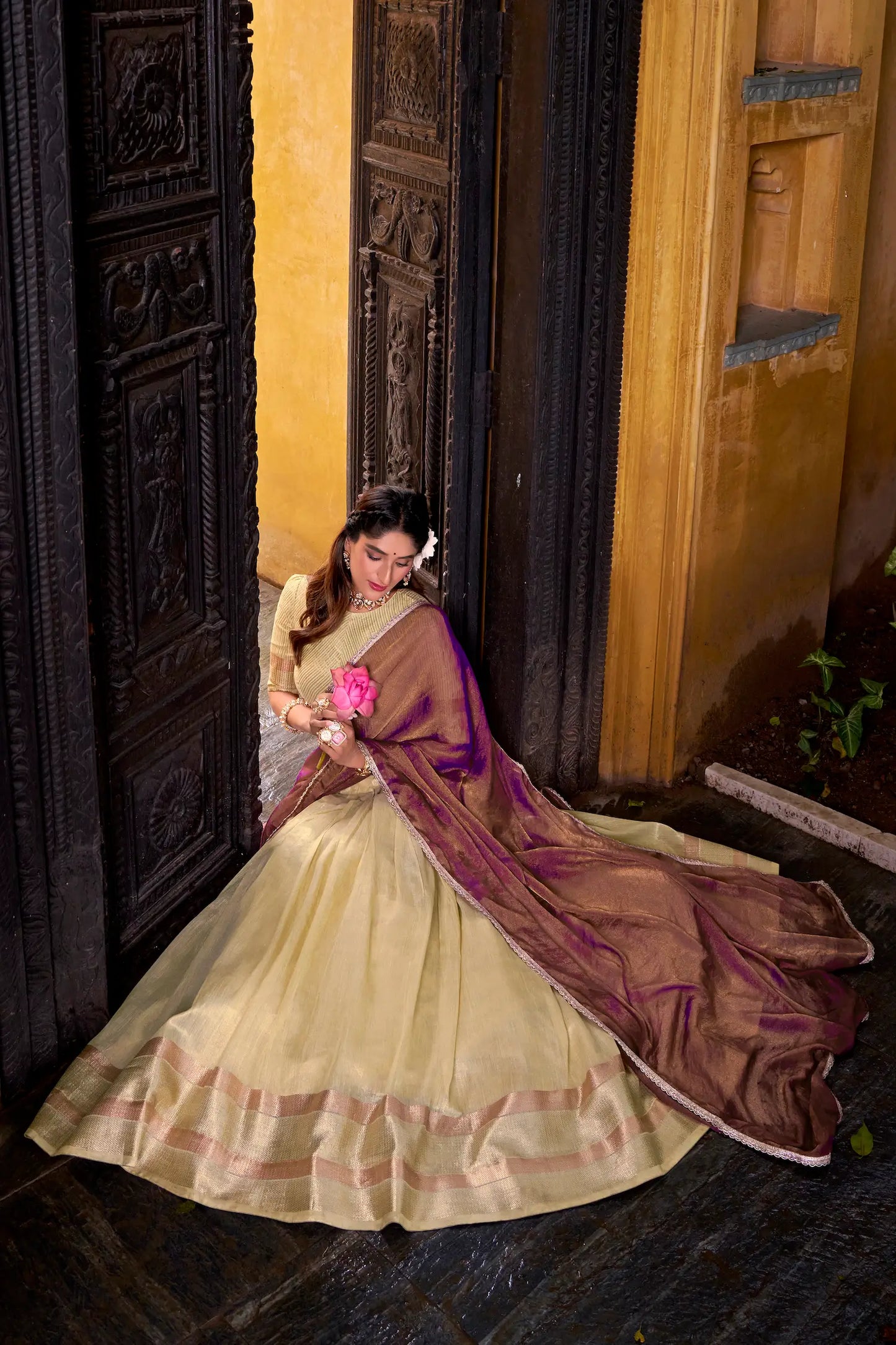 Tan Yellow Dhupian Silk Zari Weaving Lehenga Choli