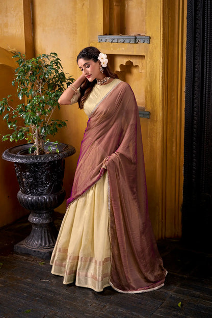 Tan Yellow Dhupian Silk Zari Weaving Lehenga Choli