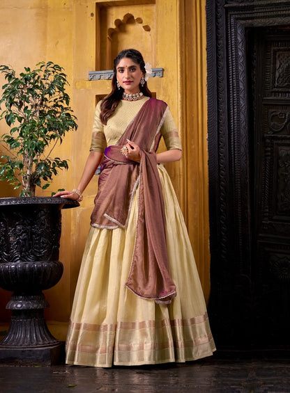 Tan Yellow Dhupian Silk Zari Weaving Lehenga Choli
