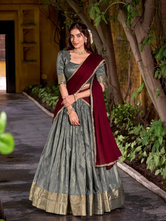 Warm Grey Dhupian Silk Zari Weaving Lehenga Choli