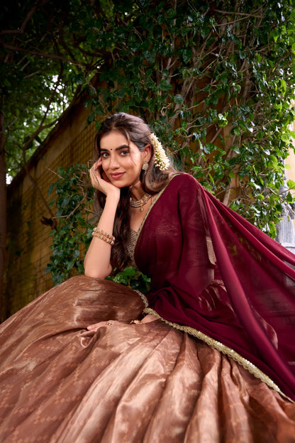 Dusty Peach Dhupian Silk Zari Weaving Lehenga Choli