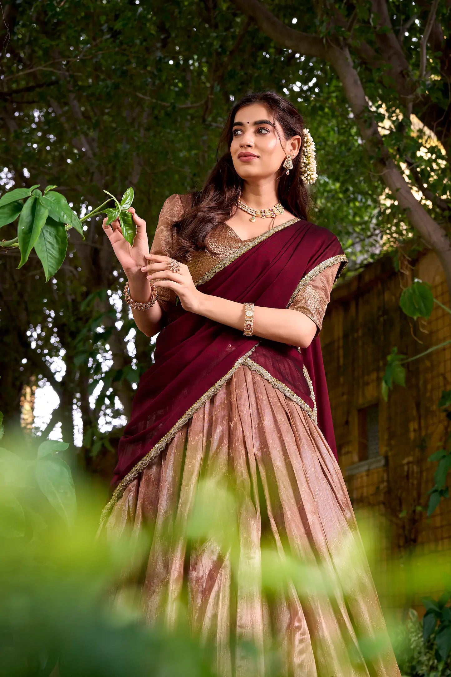 Dusty Peach Dhupian Silk Zari Weaving Lehenga Choli