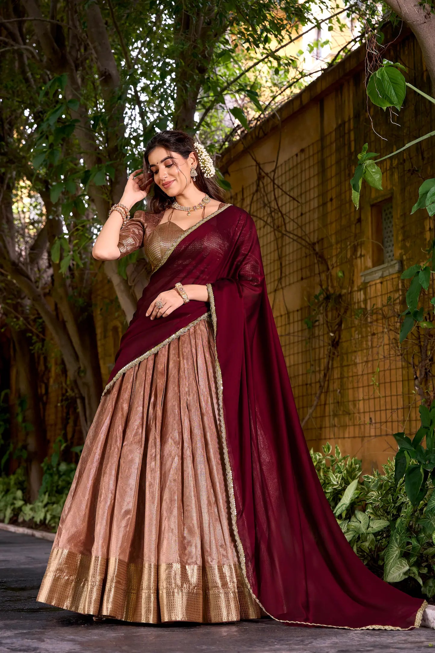 Dusty Peach Dhupian Silk Zari Weaving Lehenga Choli