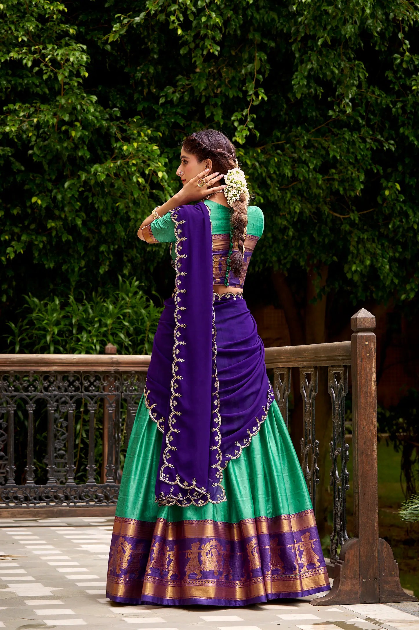 Teal Green Polly Cotton Zari Weaving Lehenga Choli