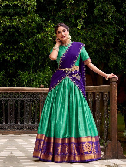 Teal Green Polly Cotton Zari Weaving Lehenga Choli