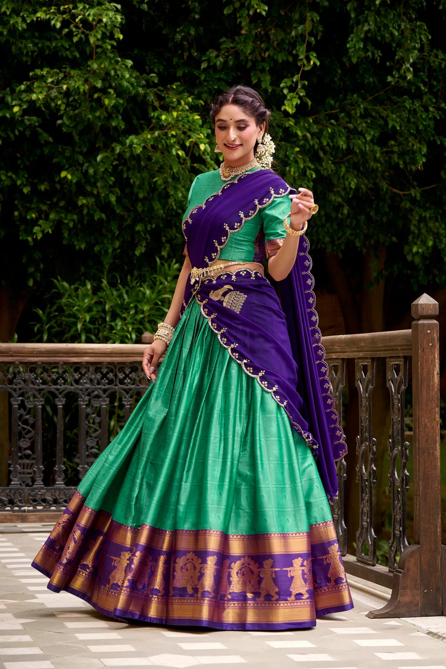 Teal Green Polly Cotton Zari Weaving Lehenga Choli