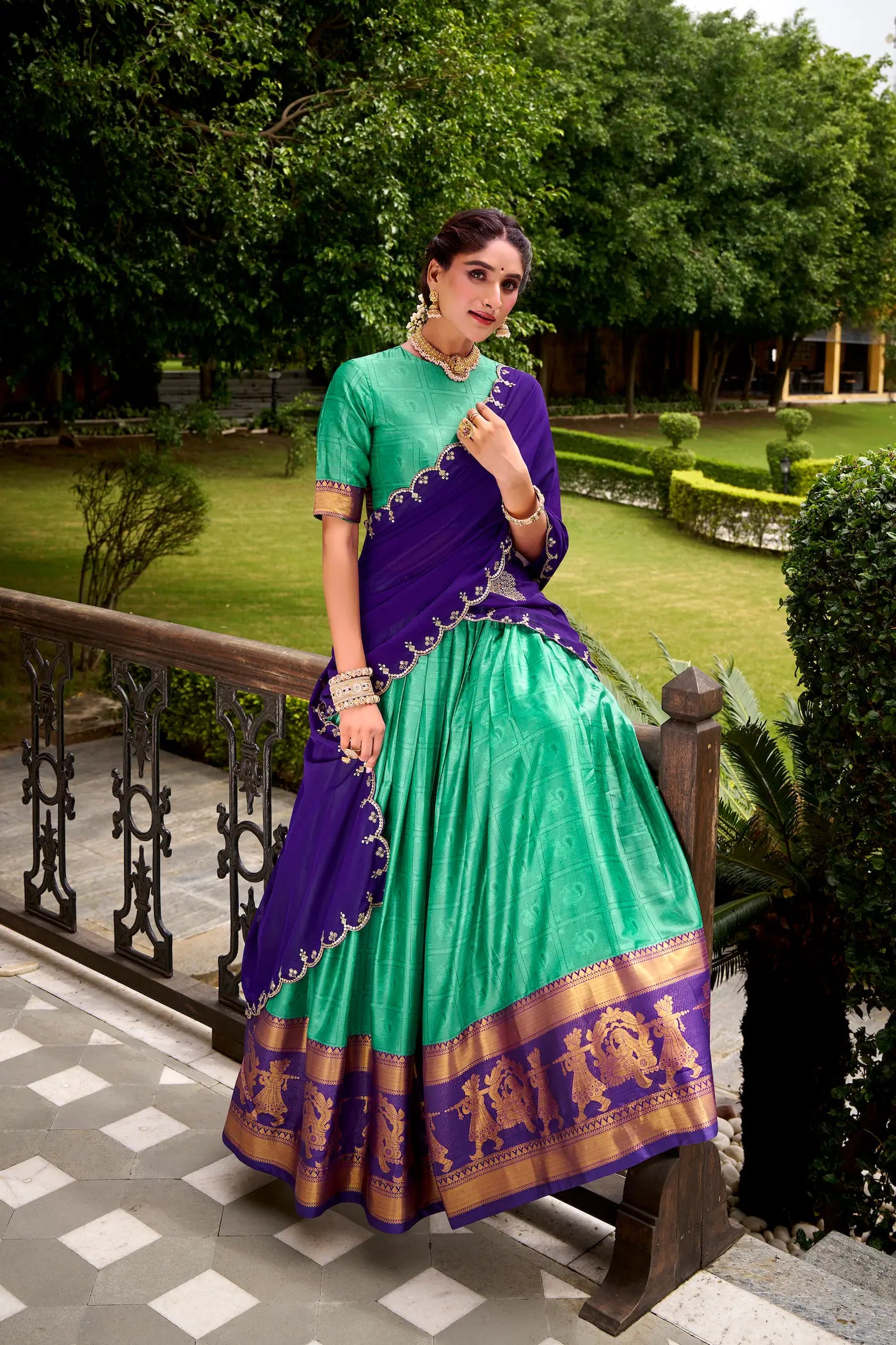 Teal Green Polly Cotton Zari Weaving Lehenga Choli