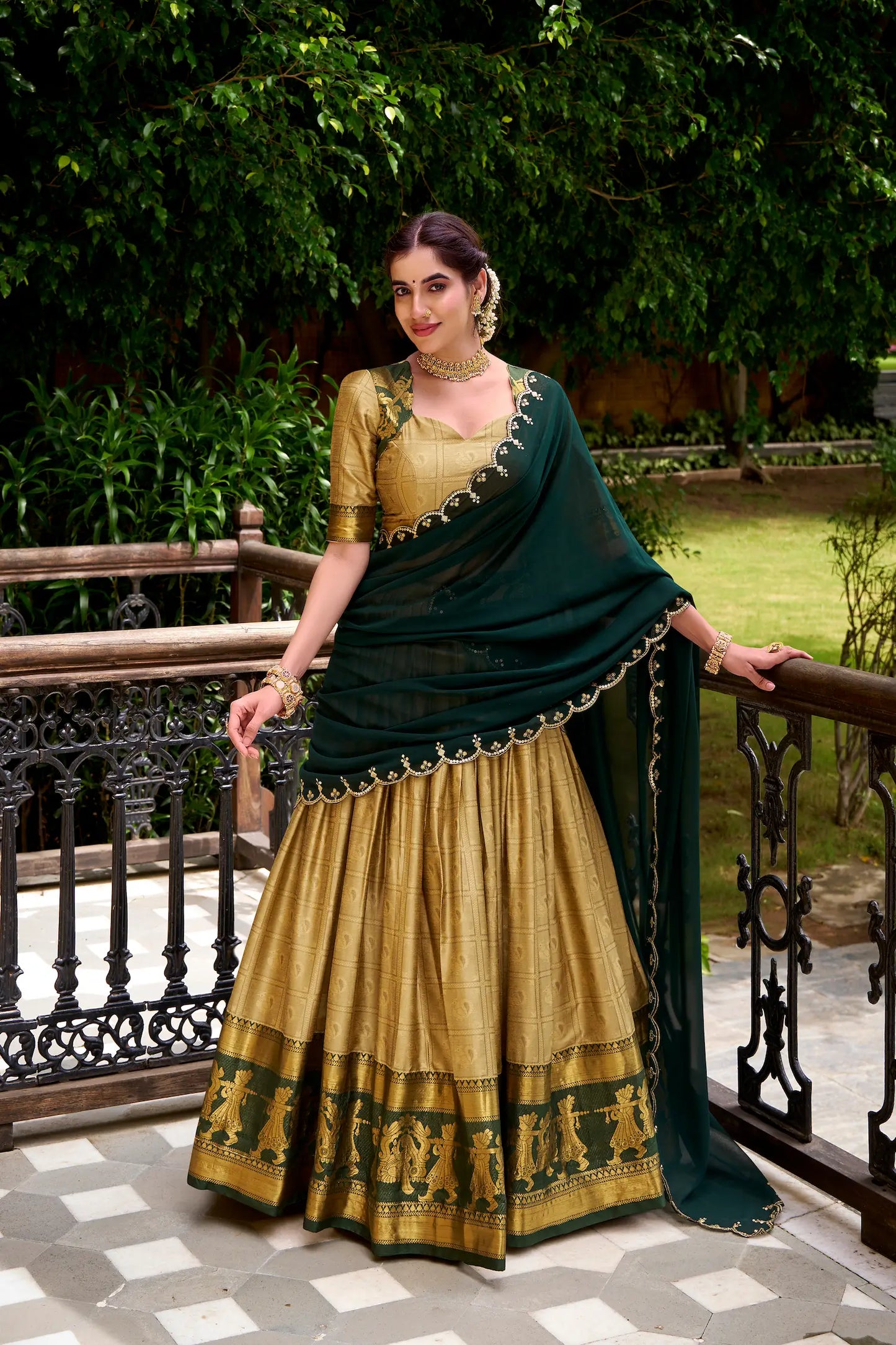 Dark Beige Polly Cotton Zari Weaving Lehenga Choli