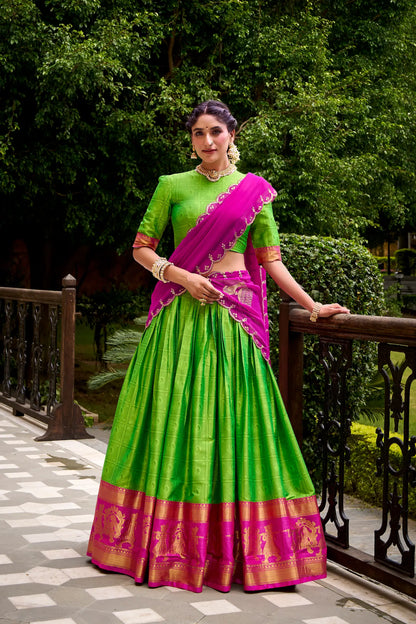 Parrot Green Polly Cotton Zari Weaving Lehenga Choli