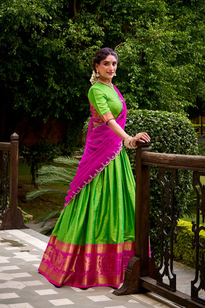 Parrot Green Polly Cotton Zari Weaving Lehenga Choli