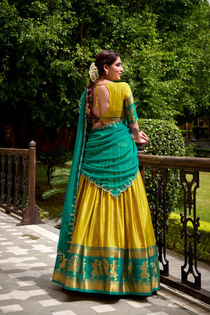 Burnt Yellow Polly Cotton Zari Weaving Lehenga Choli