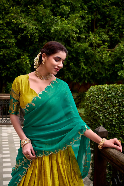 Burnt Yellow Polly Cotton Zari Weaving Lehenga Choli