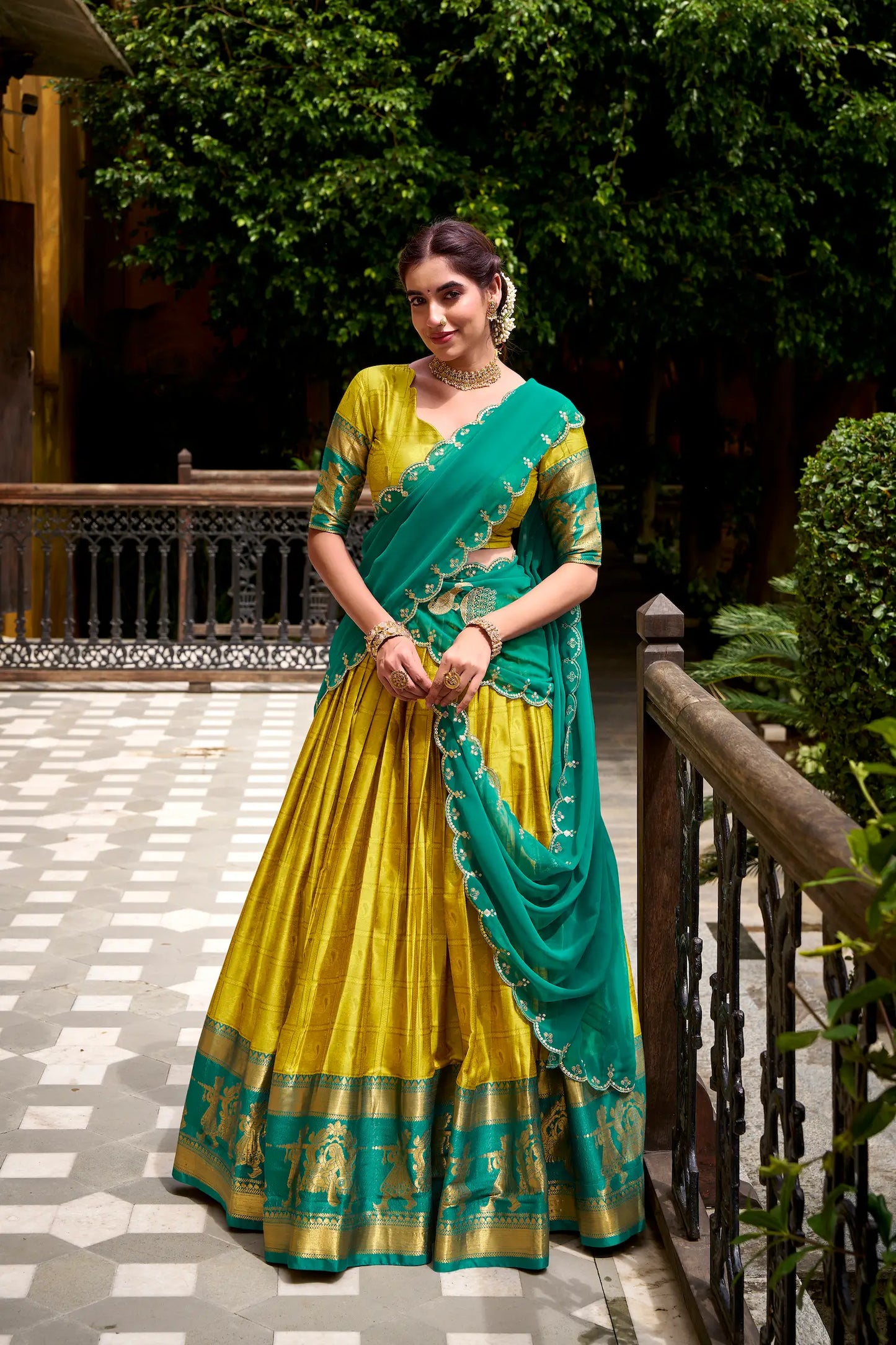 Burnt Yellow Polly Cotton Zari Weaving Lehenga Choli