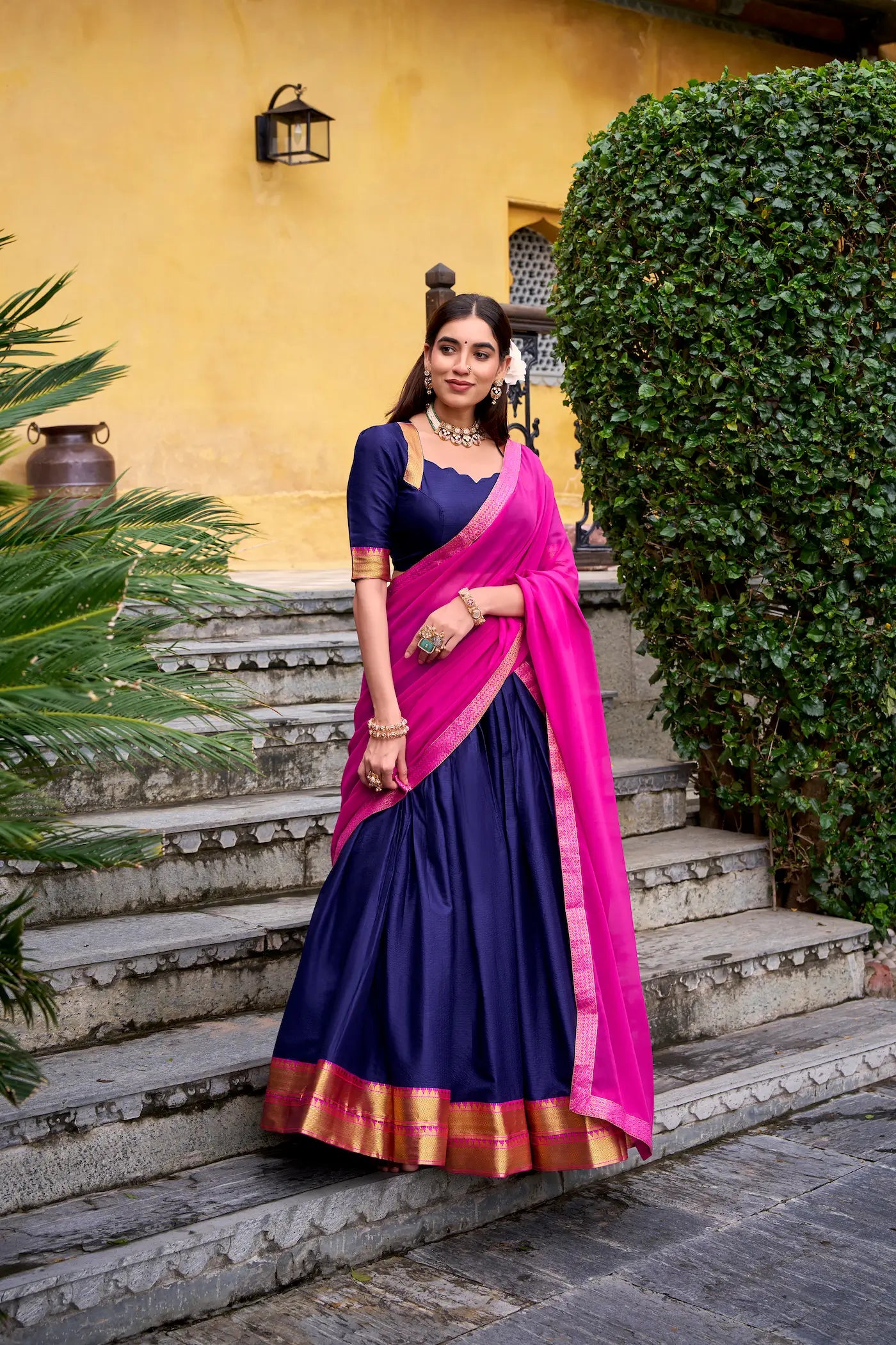 Navy Blue Poly Cotton Zari Weaving Lehenga Choli