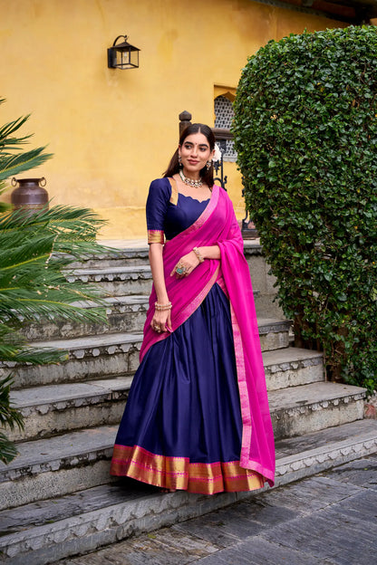 Navy Blue Poly Cotton Zari Weaving Lehenga Choli