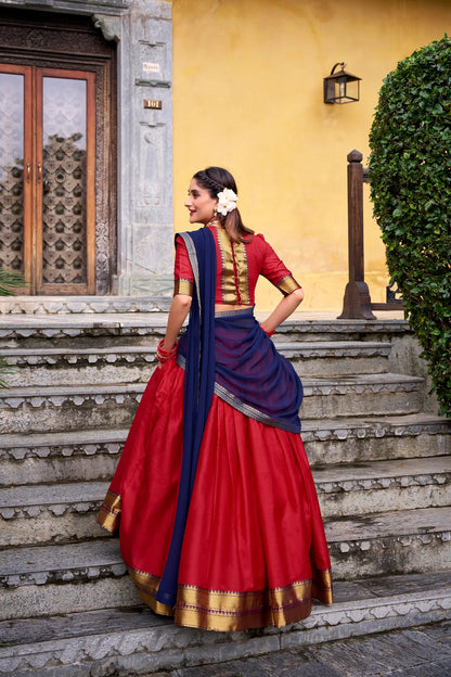 Bright Red Poly Cotton Zari Weaving Lehenga Choli