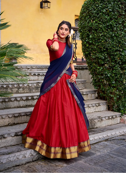 Bright Red Poly Cotton Zari Weaving Lehenga Choli
