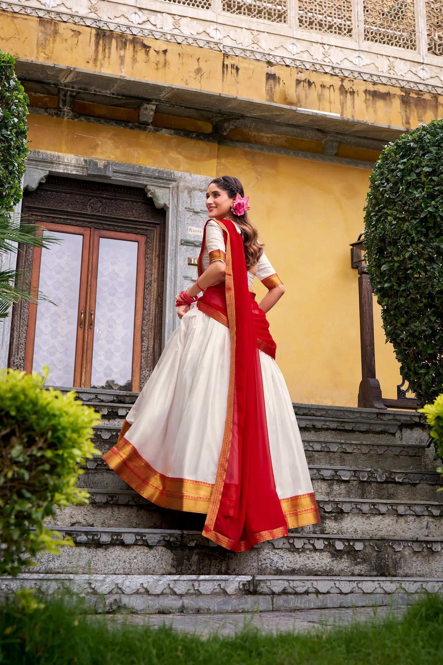 Pearl White Poly Cotton Zari Weaving Lehenga Choli