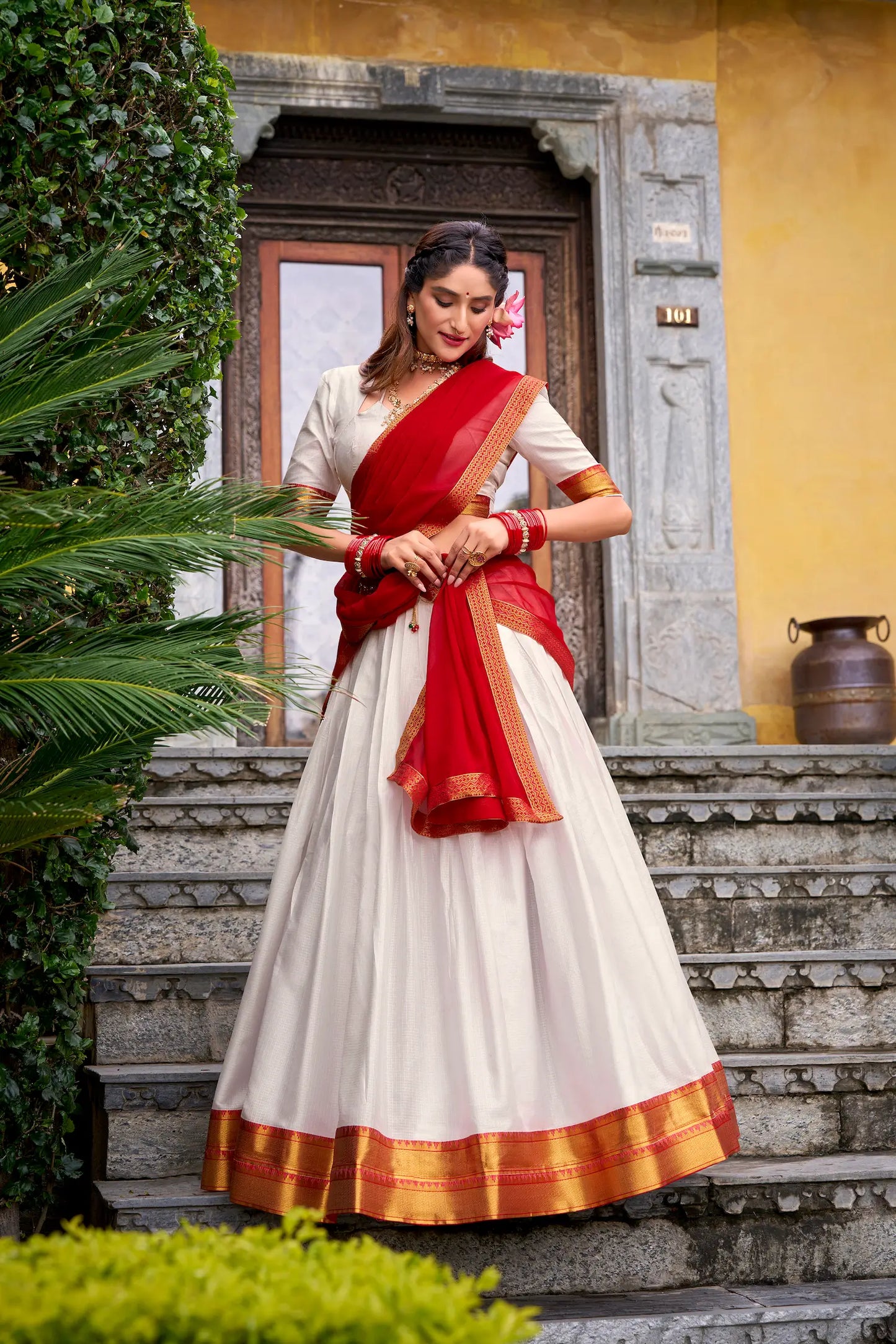Pearl White Poly Cotton Zari Weaving Lehenga Choli