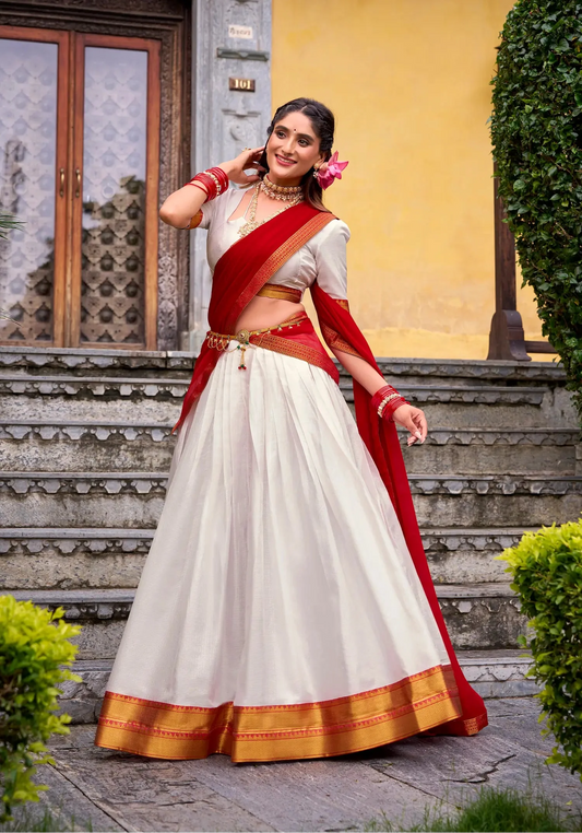 Pearl White Poly Cotton Zari Weaving Lehenga Choli