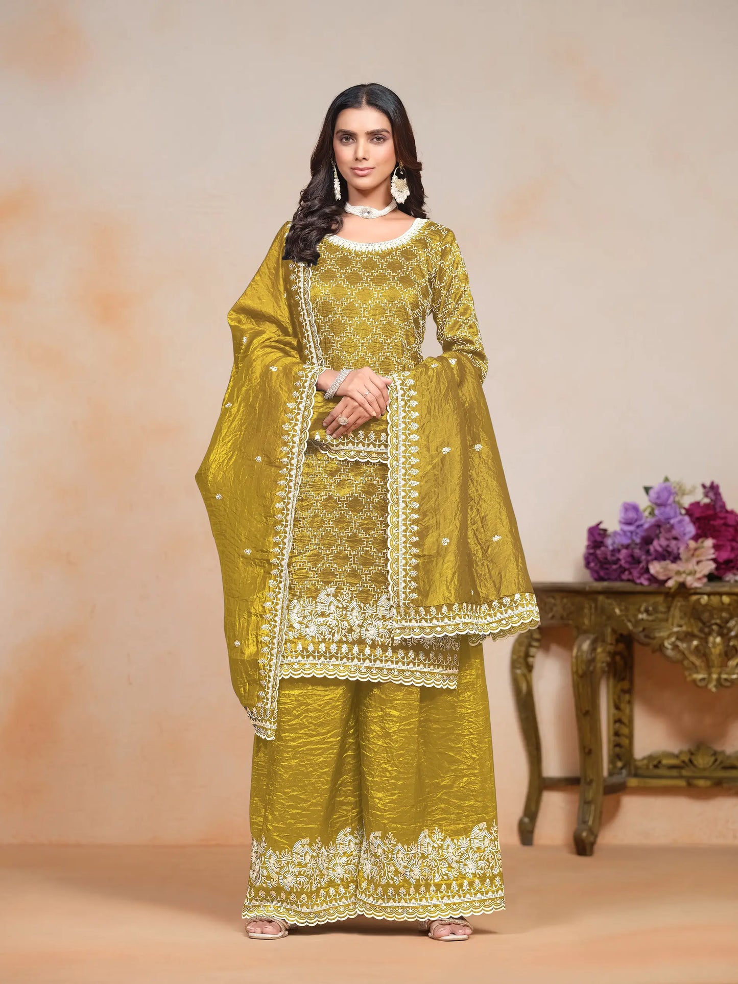 Yellow Gold Crush Thread & Sequence Embroidery Work Palazzo Suit