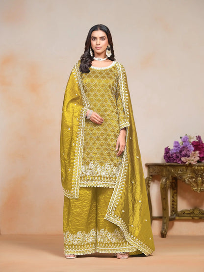 Yellow Gold Crush Thread & Sequence Embroidery Work Palazzo Suit