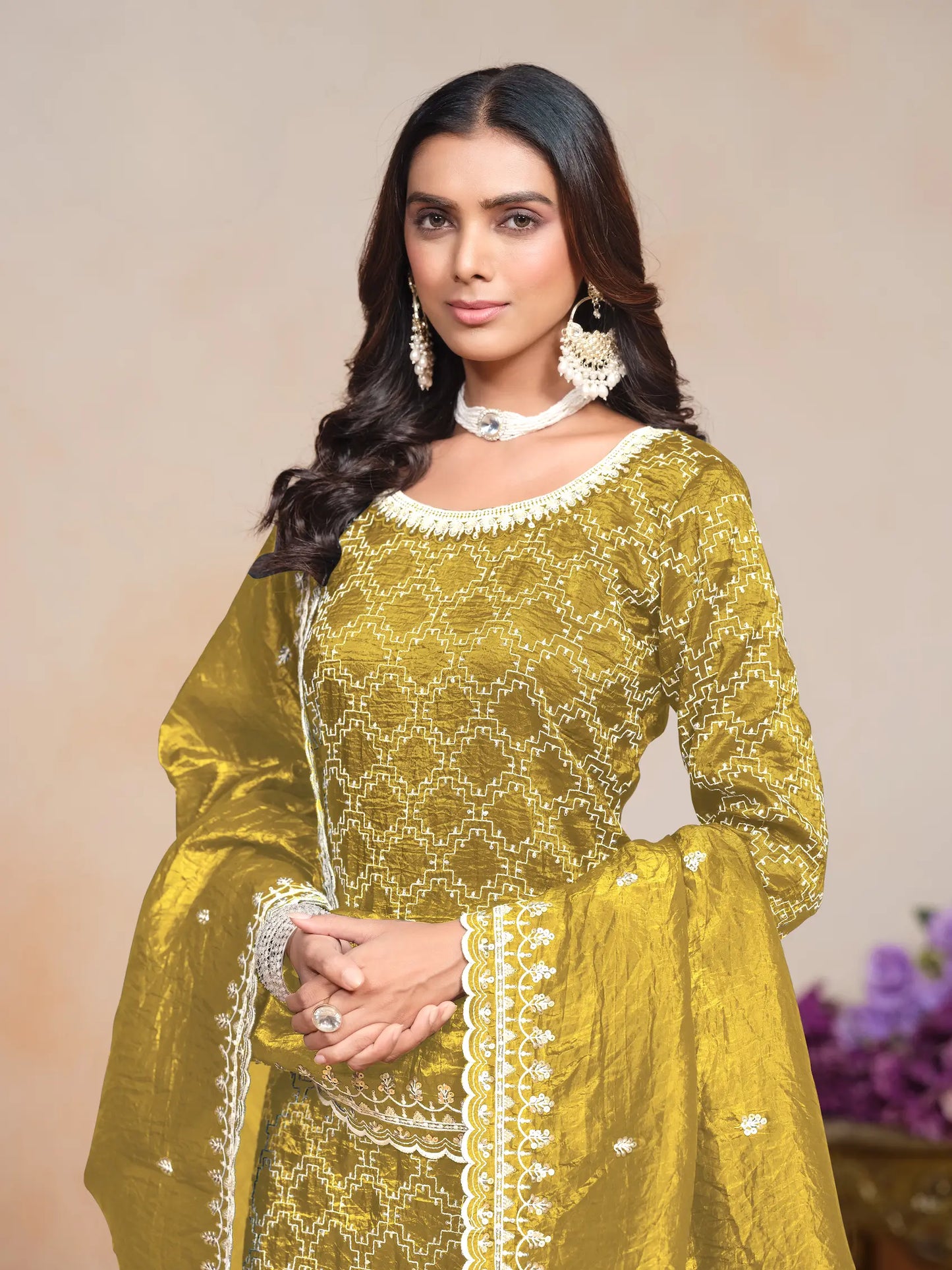Yellow Gold Crush Thread & Sequence Embroidery Work Palazzo Suit