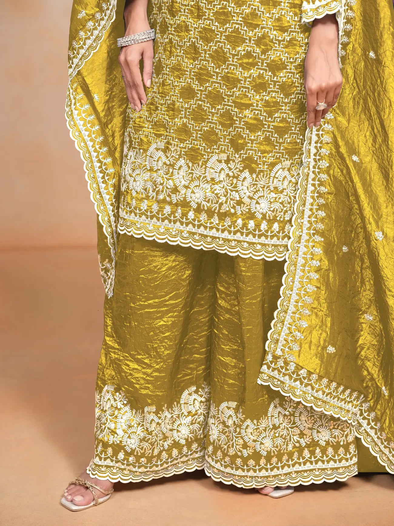Yellow Gold Crush Thread & Sequence Embroidery Work Palazzo Suit