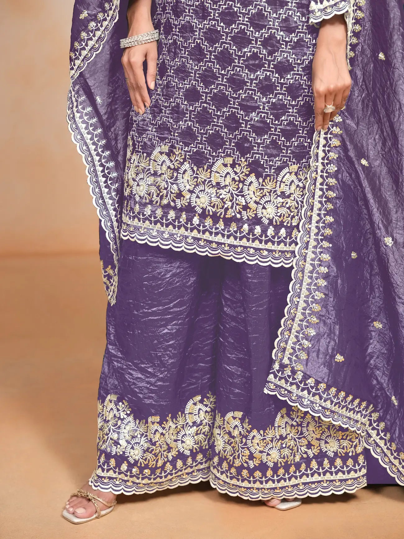 Purple Gold Crush Thread & Sequence Embroidery Work Palazzo Suit