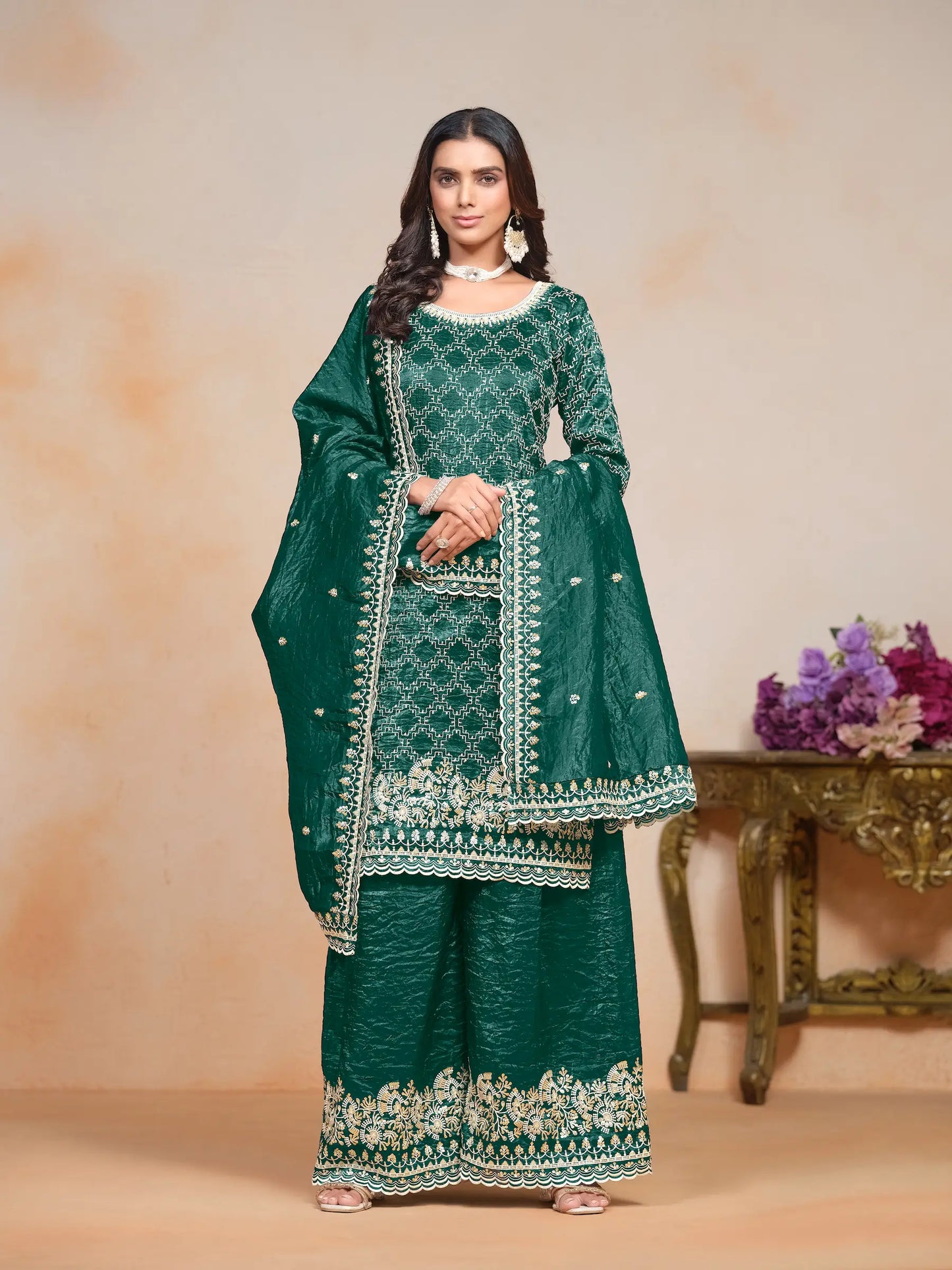 Green Gold Crush Thread & Sequence Embroidery Work Palazzo Suit
