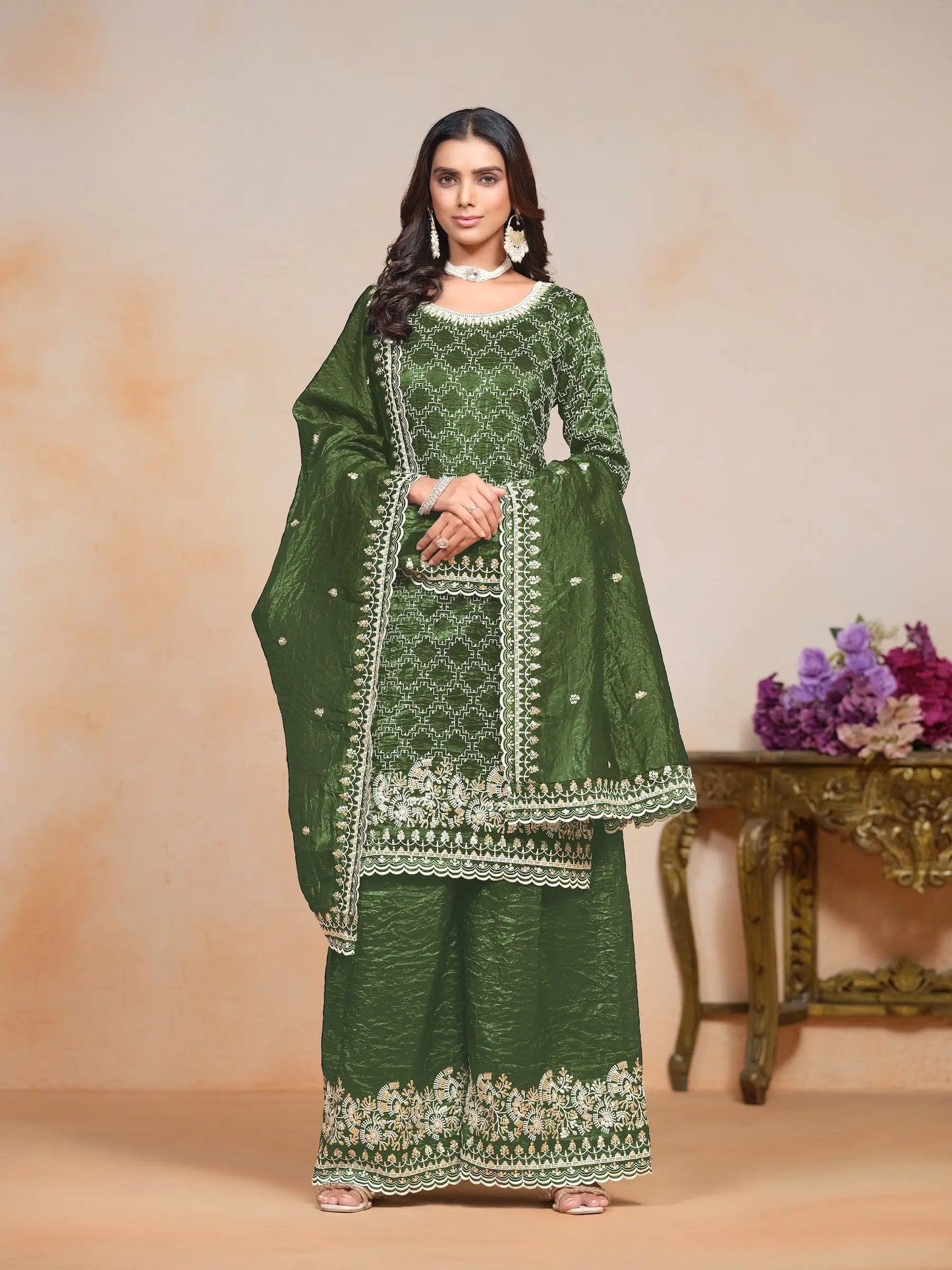 Olive Green Gold Crush Thread & Sequence Embroidery Work Palazzo Suit