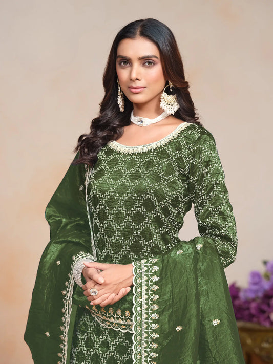 Olive Green Gold Crush Thread & Sequence Embroidery Work Palazzo Suit