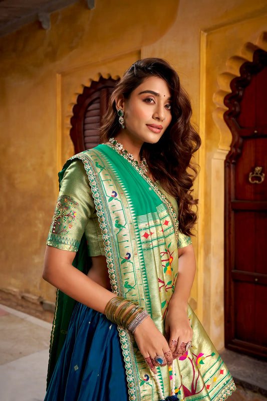 Navy Blue Zari Weaving Paithani Lehenga Choli