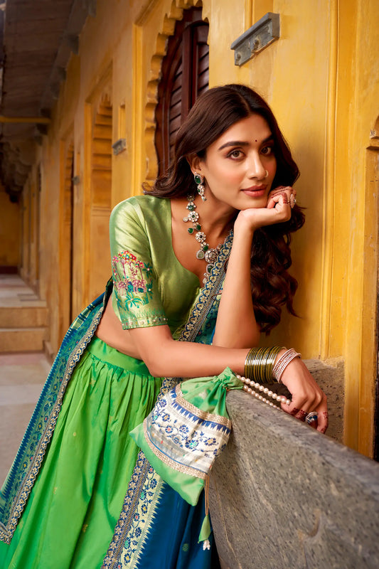 Parrot Green Zari Weaving Paithani Lehenga Choli