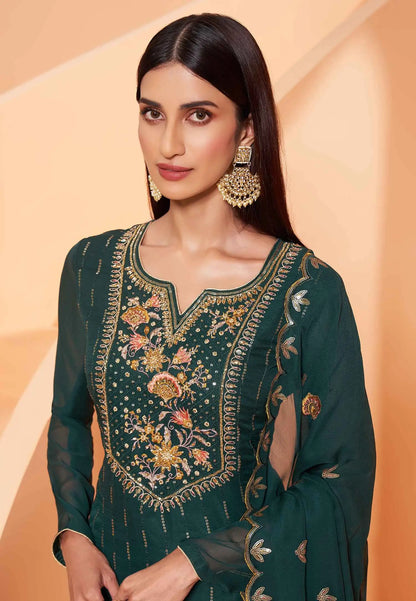Dark Green And Lime Heavy Embroidery Work Georgette Sharara Set With Dupatta