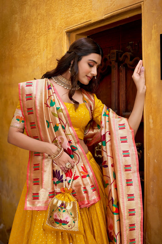 Bee Yellow Zari Weaving Paithani Lehenga Choli