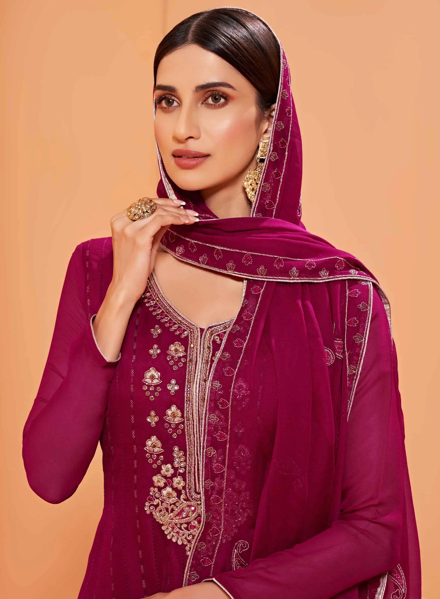 Magenta Sequins Embroidery Work Georgette Sharara Set With Dupatta