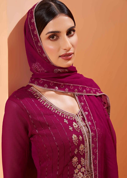 Magenta Sequins Embroidery Work Georgette Sharara Set With Dupatta