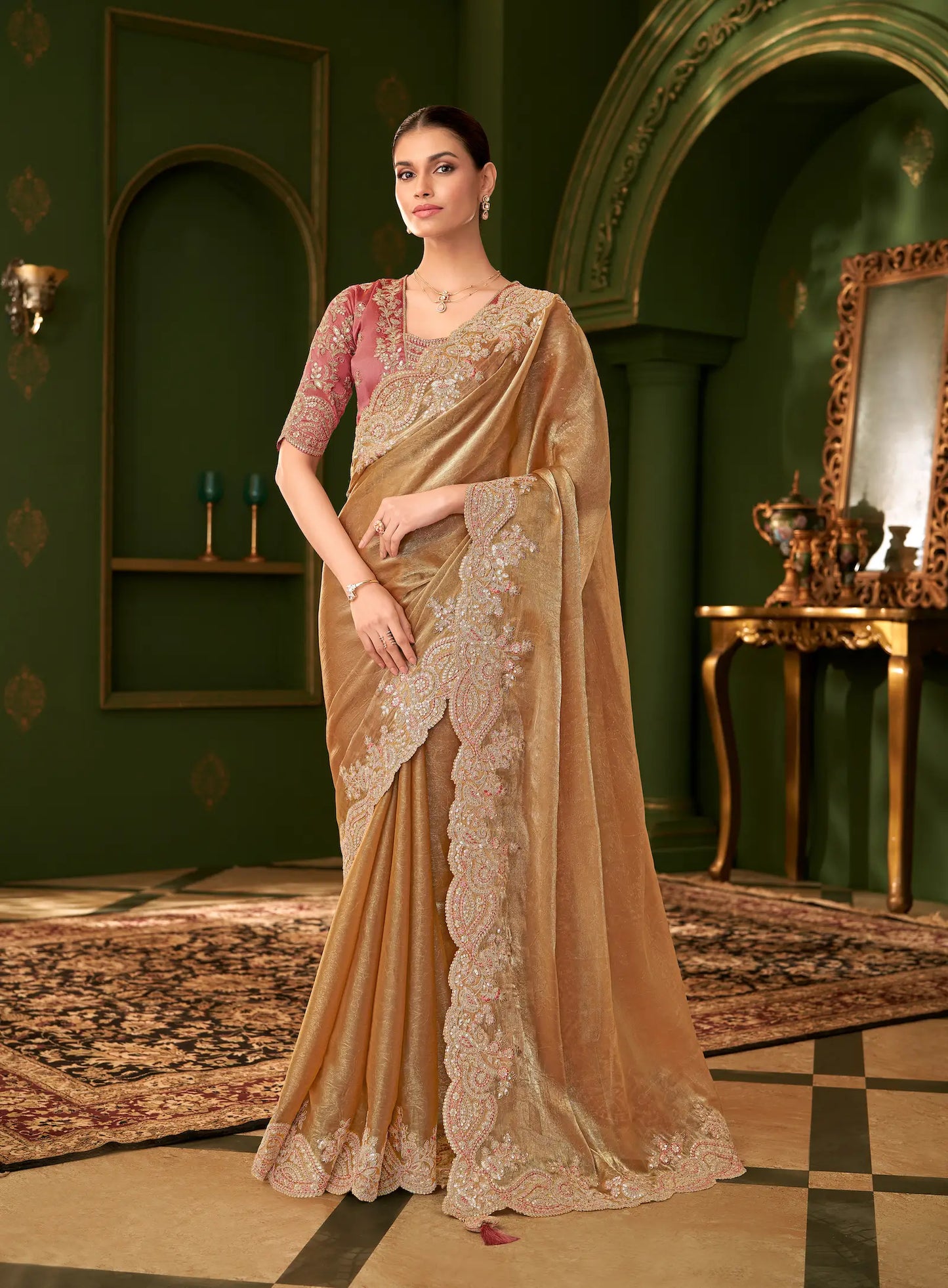 Caramel Gold Satin Chiffon Heavy Embroidery Saree