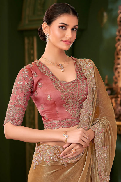 Caramel Gold Satin Chiffon Heavy Embroidery Saree