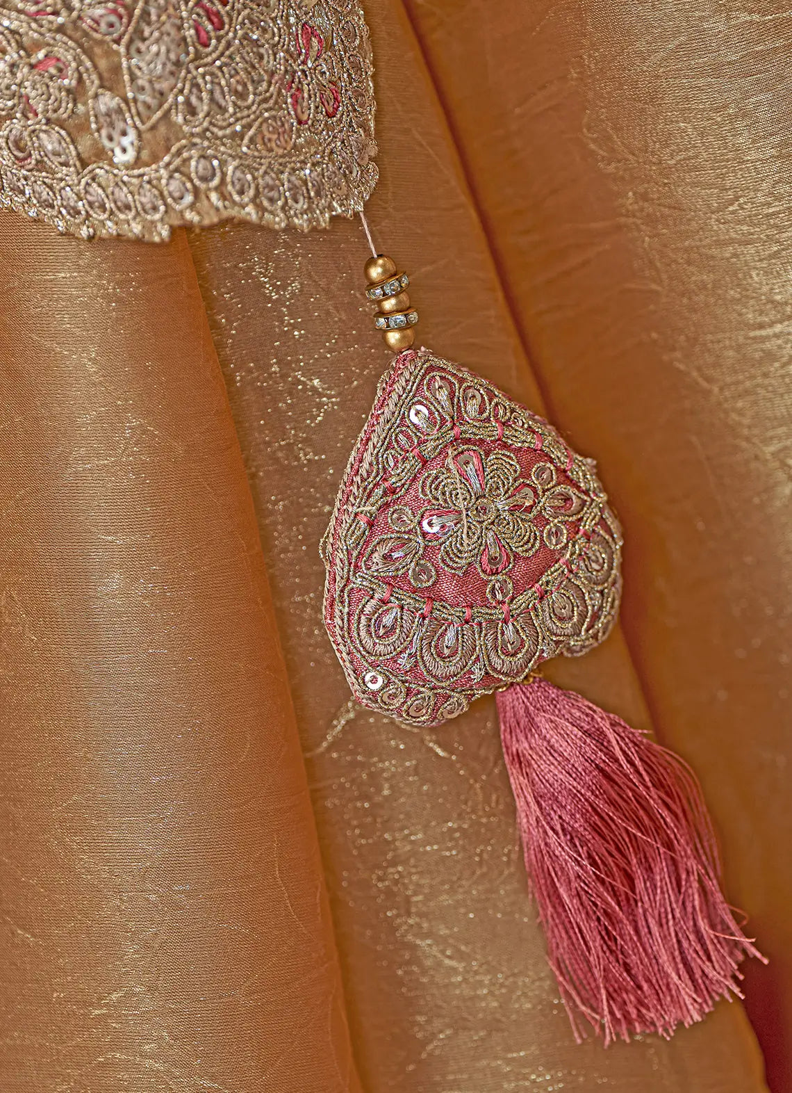 Caramel Gold Satin Chiffon Heavy Embroidery Saree