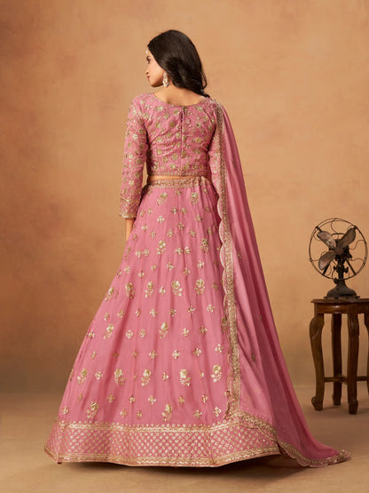 Light Pink Organza Embroidery Work Lehenga Choli
