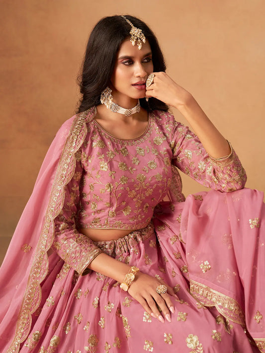 Light Pink Organza Embroidery Work Lehenga Choli