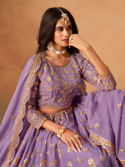 Lavender Organza Embroidery Work Lehenga Choli