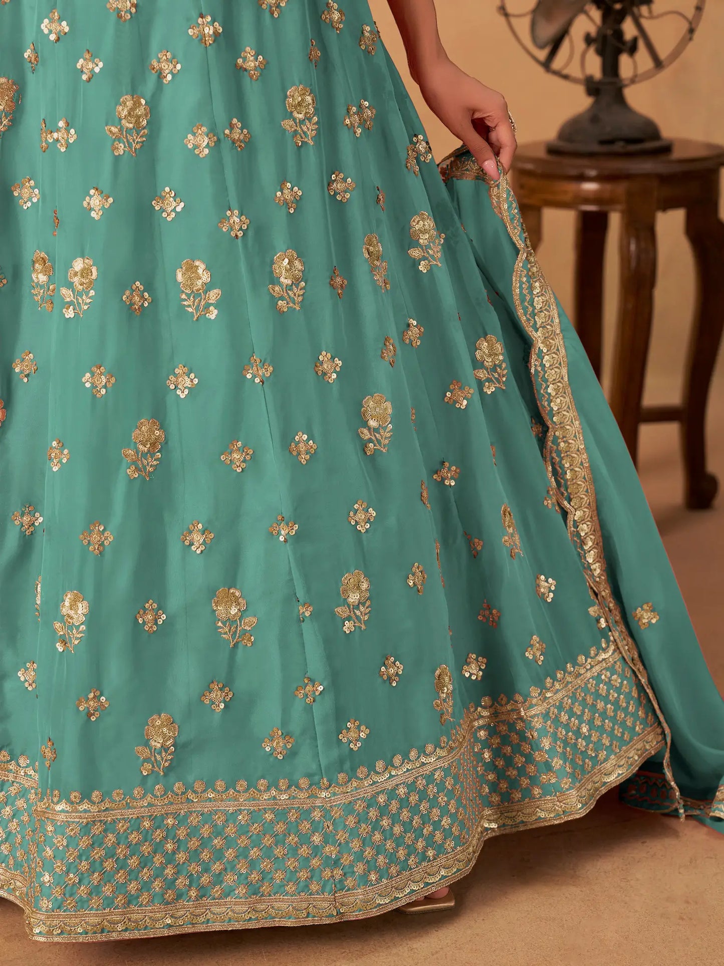 Aqua Blue Organza Embroidery Work Lehenga Choli