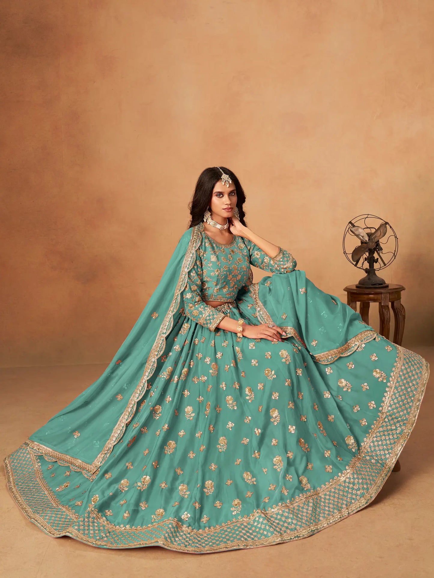 Aqua Blue Organza Embroidery Work Lehenga Choli