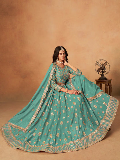 Aqua Blue Organza Embroidery Work Lehenga Choli