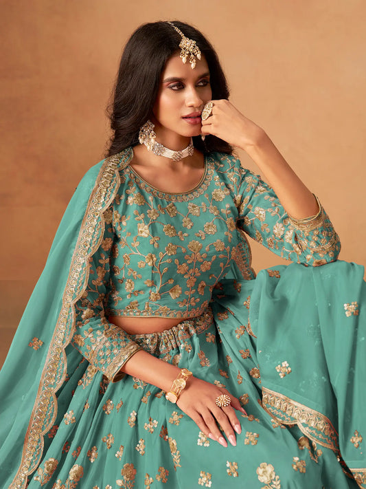 Aqua Blue Organza Embroidery Work Lehenga Choli