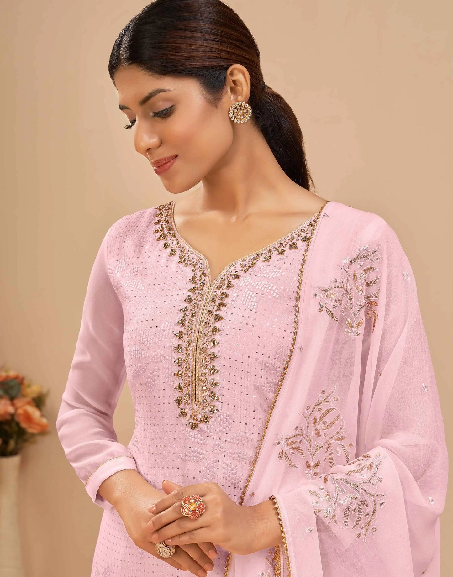 Light Pink Georgette Sequins Embroidery Work Salwar Suit With Dupatta